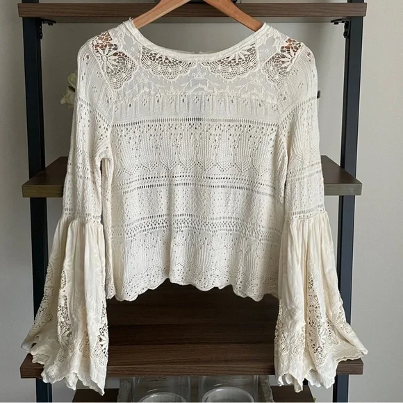 Free People Cream Crocheted Lace Bell Sleeve Top, Size XS Romantic Boho - Picture 3 of 15